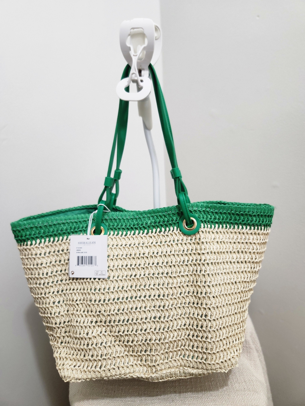 Green & Natural Woven Tote Bag with Green Handles